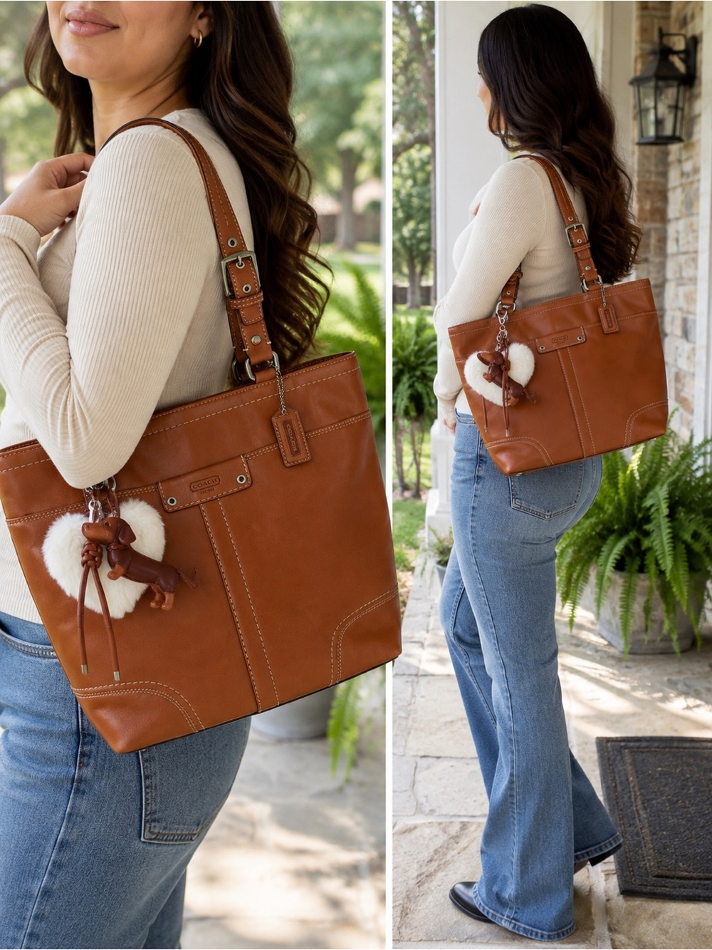 Coach Hamilton F13089 Burnished Leather Tote Cognac Brown Bag Dog Charm
